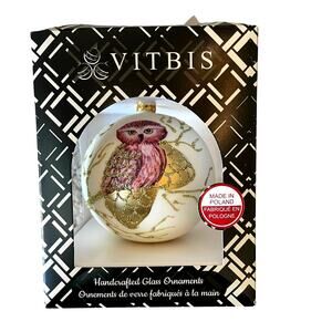 VITBIS Poland Hand Painted Glass Ornament 4" OWL Purple Gold Glitter Holiday NEW